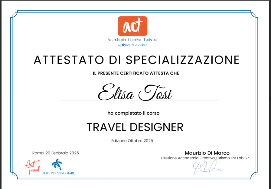 Attestato di specializzazione Travel Designer di Elisa Tosi