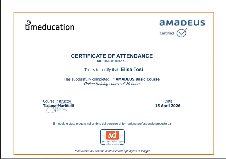 Certificato di partecipazione di Elisa Tosi al corso Amadeus Basic Course