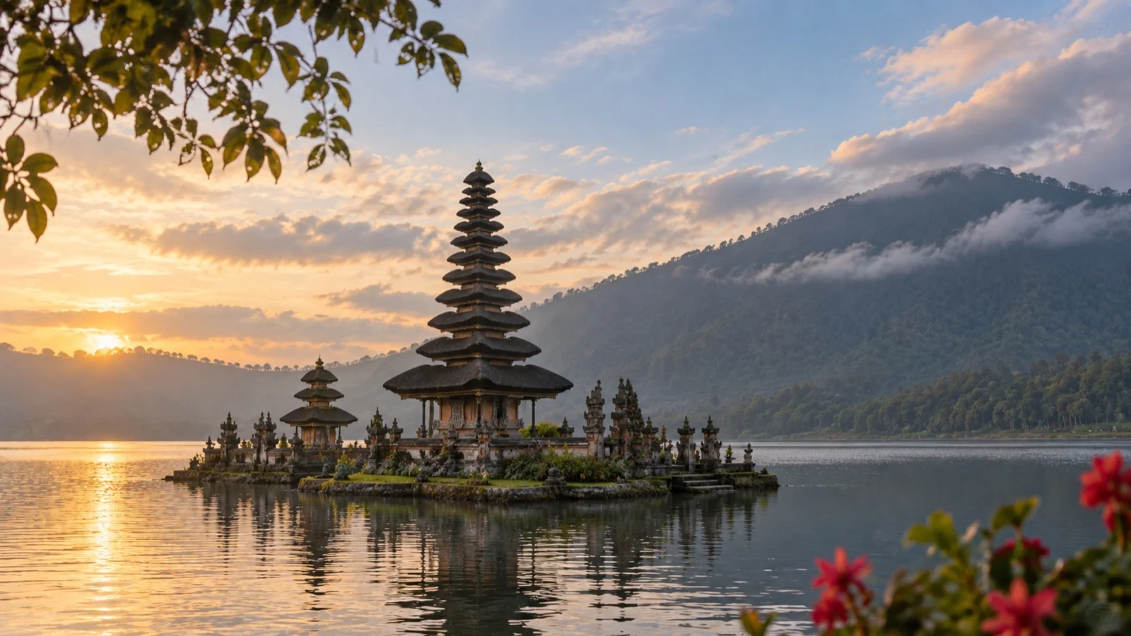 Tempio balinese sul lago Beratan tra montagne e luce del mattino