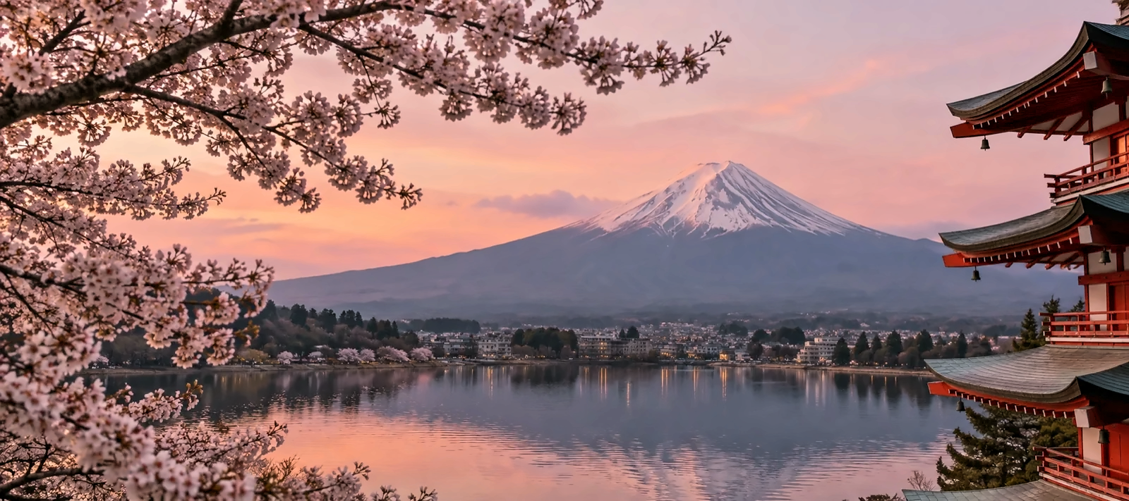 Il Monte Fuji oltre il lago, tra ciliegi in fiore e una pagoda rossa