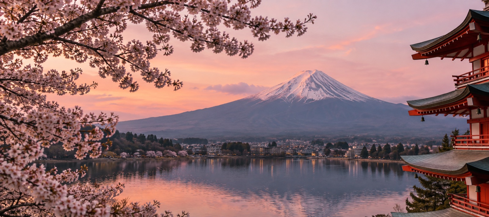 Il Monte Fuji oltre il lago, tra ciliegi in fiore e una pagoda rossa